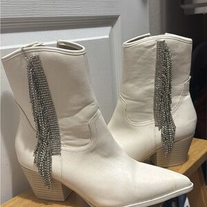 Altar'd State Cream Ankle Boots with Silver Fringe